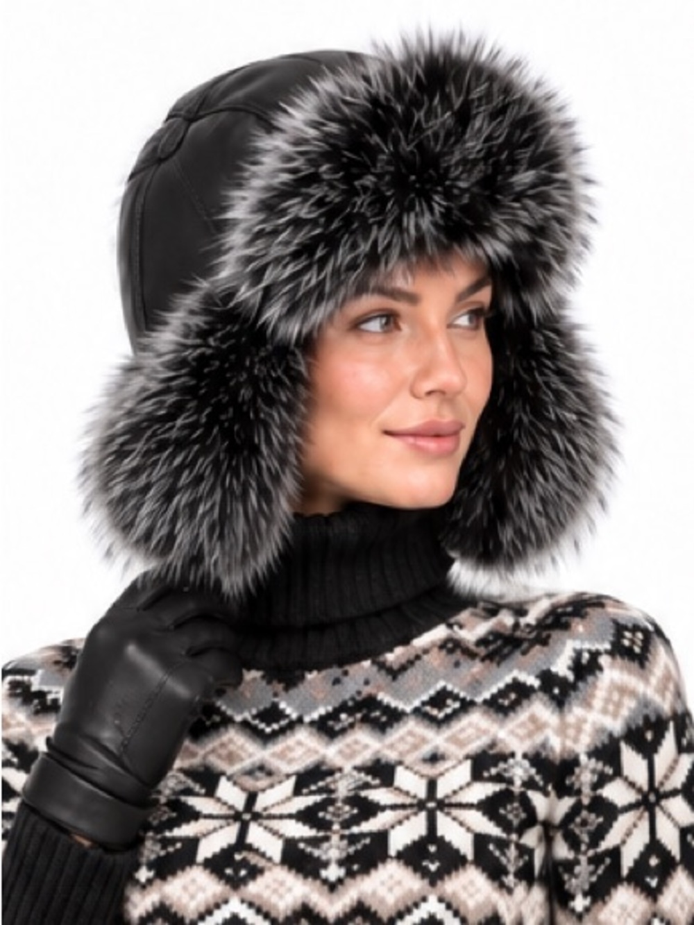 Real fox fur and leather Aviator/Ushanka/Trapper hat, NEW, black, lined